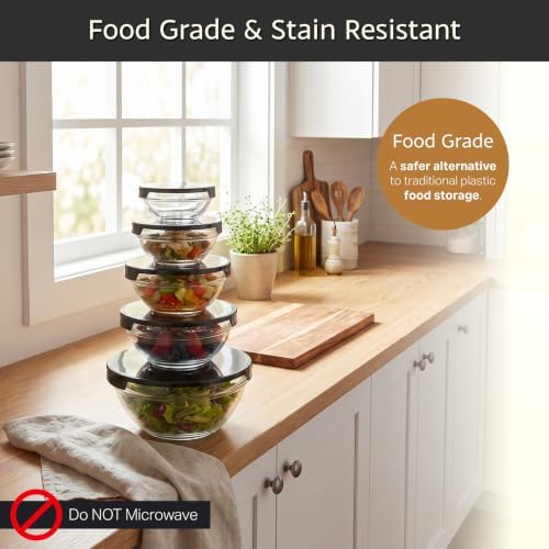 Glass Mixing Bowls with Lids Set - 10-Piece-Set with Multiple Bowl Sizes for Kitchen Storage, Meal Prep, Mixing, and Serving (Black)
