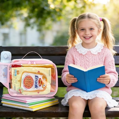 FlowFly Kids Lunch box Insulated Soft Bag Mini Cooler Back to School Thermal Meal Tote Kit for Girls, Boys,ClearPink
