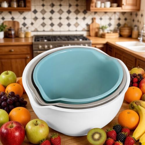 3pcs Mixing Bowls with Pour Spout-Nesting Design Saves Space - Non-Slip, BPA Free, Dishwasher Safe Plastic - Kitchen Cooking and Baking Supplies (White)