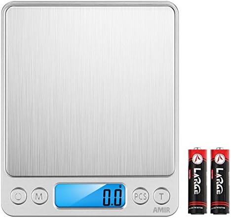AMIR Digital Kitchen Scale, 3000g 0.01oz/ 0.1g Pocket Coffee Scale, Mini Food Scale, Pro Electronic Jewelry Scale with Back-Lit LCD Display, Tare & PCS Functions, Stainless Steel, Batteries Included