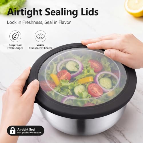 E-far Mixing Bowls with Lids Set of 5, Stainless Steel Nesting Salad Bowls