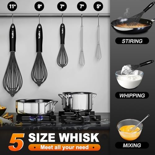 Silicone Whisks set with 7+5in mini stainless steel whisk, Non Scratch Coated 7+9+11in Whisks for Nonstick Cookware,Premium for Blending, Whisking, Beating, Frothing & Stirring