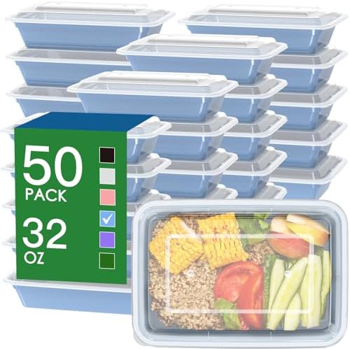 50 Pack (100-Piece) 32 oz Meal Prep Containers with Easy Open Lids, Blue