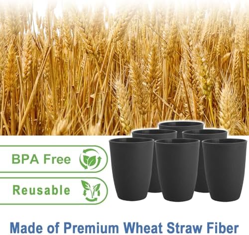 12oz Wheat Straw Cups Sets of 6, Plastic Cups Reusable (Black)