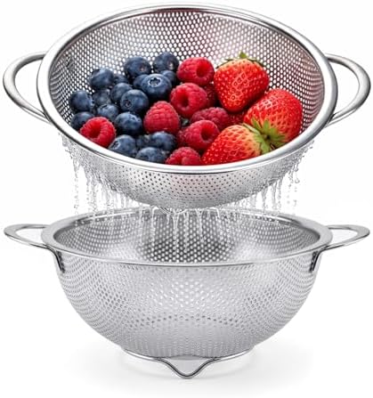 Palksky Small Colander Set of 2, 800 mL / 0.85 Qt Stainless Steel Mini Colanders with Riveted Handles, Footed Base & Micro-Perforations, Berry Wash Bowl for Berries, Fruits, Vegetables & Pasta
