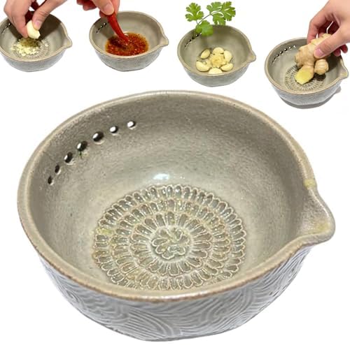 Handmade Pottery Garlic Grater Herb Stripper Bowl, 2-in-1 Ceramic Herb Stripper and Garlic Grater Bowl, Different Sizes of Round Holes, Kitchenware for Root Removal