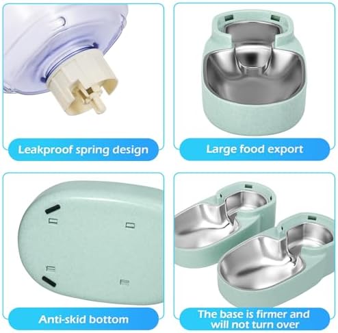 Automatic Cat Feeder and Water Dispenser with Stainless Steel Bowl Gravity Food Feeder and Waterer Set for Small Medium Dog Puppy Kitten 1 Gallon x 2(Green)