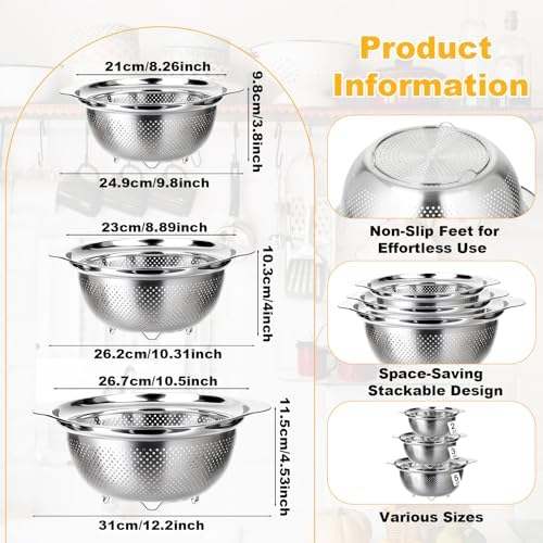 3 Pcs Stainless Steel Colander Set for Kitchen, Metal Food Pasta Strainers