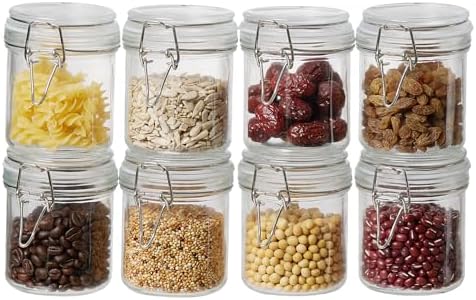 ODBCYWM 10oz Glass Food Storage Jars with Airtight Lids, Set of 8 – Clear Preserving Seal Wire Clip Fastening Canisters for Kitchen Canning, Flour, Cereal, Pasta, Sugar, Beans, Pickling Jars (10oz×8)