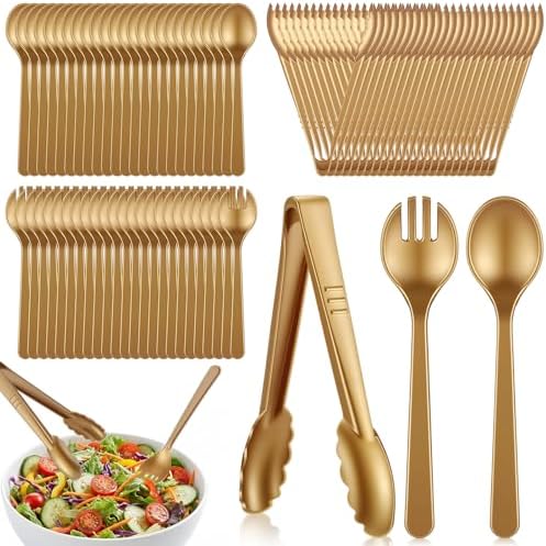 FoldTier 72 Pcs Disposable Plastic Serving Utensils Set Gold Serving Spoons Forks Tongs, Disposable Utensils for Party Weddings Birthday Dinner Buffets Banquets