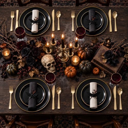 KIRE 200Pcs Black Plastic Plates - Black and Gold Plates Disposable for Party - Include 100 for Dinner and 100 for Dessert for Birthday/Wedding/Halloween