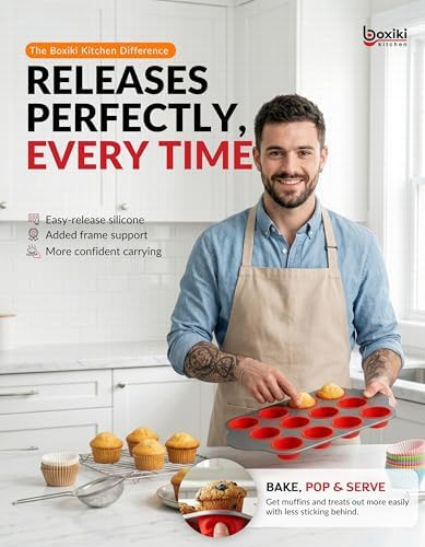 Boxiki Kitchen Non-Stick 12 Cup Silicone Muffin Pan with Steel Frame - BPA Free, Non-Toxic, Anti-Warp, Durable & Easy to Pop Silicone Muffin Tin - Perfect Cupcake Pan