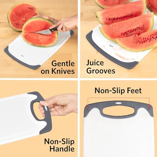 Glad Cutting Boards for Kitchen - 3pc Cutting Board Set with Juice Grooves and Non Slip Handles - Assorted Sizes for Meat, Vegetables, and Fruit - Non Porous, Dishwasher Safe, Grey