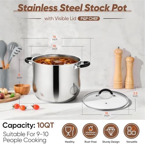 P&P CHEF 10 Quart Stainless Steel Stock Pot, Cooking Pot with Visible Lid