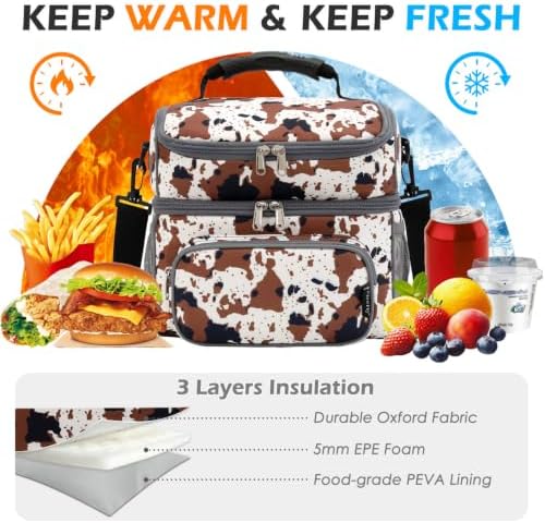 FlowFly Double Layer Cooler Insulated Lunch Bag Adult Lunch Box Large Tote Bag for Men, Women, With Adjustable Strap,Front Pocket and Dual Large Mesh Side Pockets