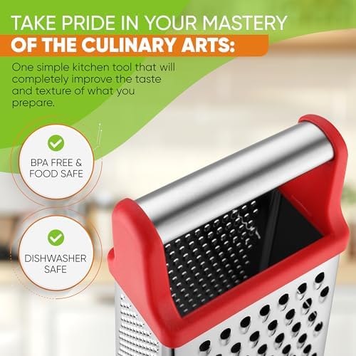 Spring Chef Stainless Steel XL Cheese Grater for Kitchen, Red