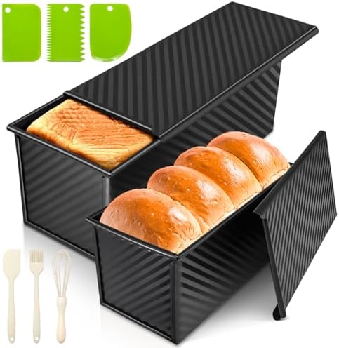 2Pack Large Bread Pan with Lids – 2.2LB Dough Capacity, Non-Stick Carbon Steel Bread Pans for Homemade Sandwich and Sourdough Bread, Corrugated Toast Mold (Black)