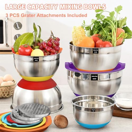 Umite Chef Mixing Bowls with Airtight Lids Set, 8PCS Stainless Steel Nesting Bowls Set, 3 Grater Attachments & Non-Slip Bottoms, Size 5, 4, 3.5, 2, 1.5QT for Baking & Mixing(Colorful)