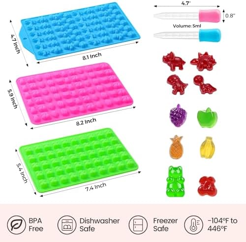 Gummy Candy Chocolate Molds - Silicone Mini Gummy Bear/Dinosaur/Fruit Snack Molds with 2pcs Dropper, Non-stick for Candy Chocolate Gummies Baking