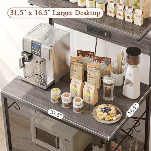 SUPERJARE Bakers Rack with Power Outlets, Microwave Stand, 31.5 X 16.5 Inch Larger Desktop, Kitchen Storage Rack with Adjustable Middle Shelf, 6 S-Shaped Hooks, Coffee Bar Stand, Grey