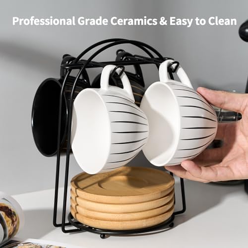LUKA Ceramic Demitasse Espresso Cups Set with Saucers and Metal Stand, 8 oz Porcelain Cappuccino Cups Teacup For Tea, Espresso, Latte, Coffee, Cafe Mocha, Set of 4, Stripe White & Black