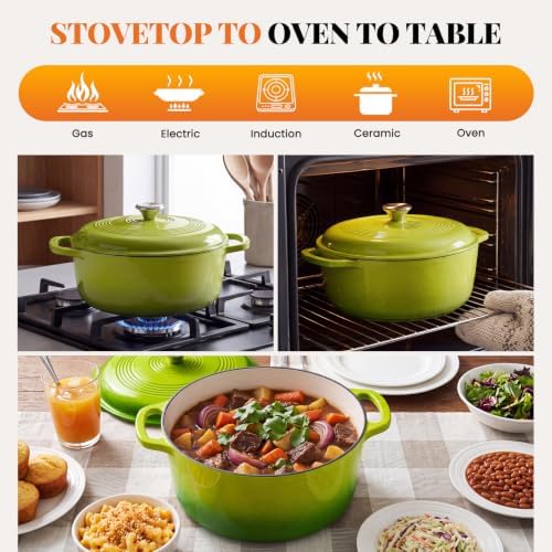 Sweetcrispy 6 Qt Enameled Cast Iron Dutch Oven Pot with Lid, Green