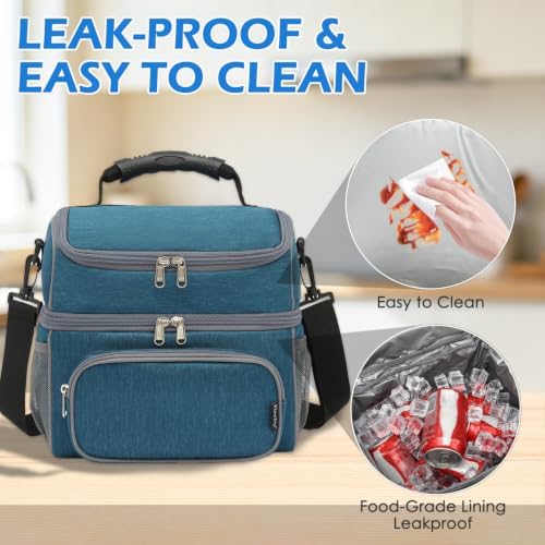FlowFly Double Layer Cooler Insulated Lunch Bag Adult Lunch Box Large Tote Bag for Men, Women, With Adjustable Strap,Front Pocket and Dual Large Mesh Side Pockets