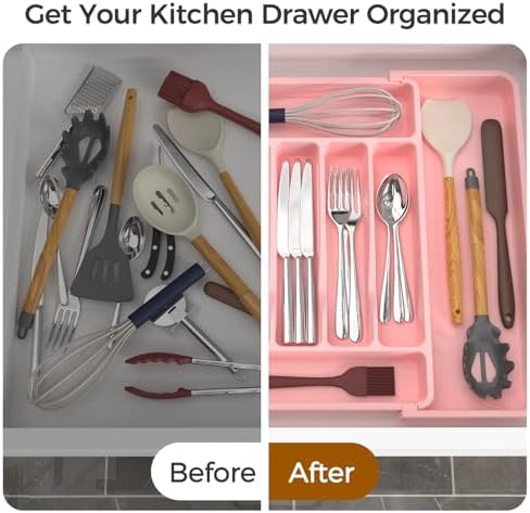 ukeetap Extra Large Expandable Silverware Organizer, Flatware Tray, Pink