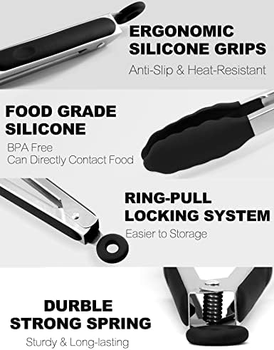 Anaeat Non-Stick Silicone Locking Tong Set of 2 - Stainless Steel 9" and 12" Kitchen Food Tongs with Non-Slip Silicone Tips and Grip for Cooking, Baking and BBQ - Heavy Duty & Heat Resistant (Black)