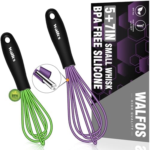 Walfos Whisk,5+7Inch Mini Whisks,Silicone Non Scratch whisk,Heat Resistant(480°F) Small whisks Suitable for stirring individual eggs and mixing small amounts of powder and sauce. Purple & Green