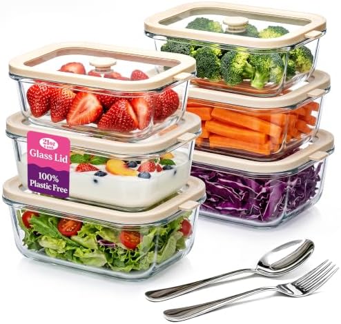 21 oz Glass Meal Prep Containers with Glass Lids, 6 Pack