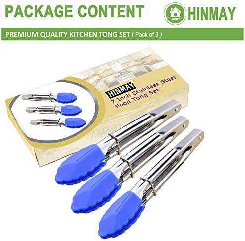 HINMAY Small Tongs with Silicone Tips 7-Inch Serving Tongs, Set of 3 (Blue)