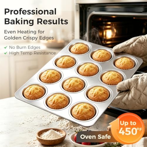 Onader Stainless Steel Muffin Pan Tin 12-Cup, 2 Pack Cupcake Pan for Baking