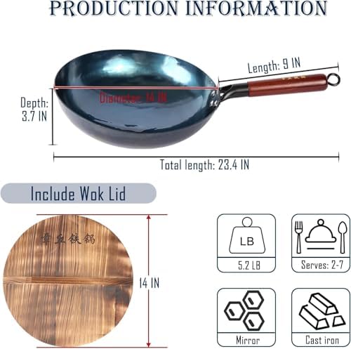 14-Inch Carbon Steel Wok, Round Bottom Traditional Chinese Wok with Wooden Handle and Wooden Lid, Uncoated Non-Stick Wok for Gas Stoves, Home Cooking, Camping, and as a Gift