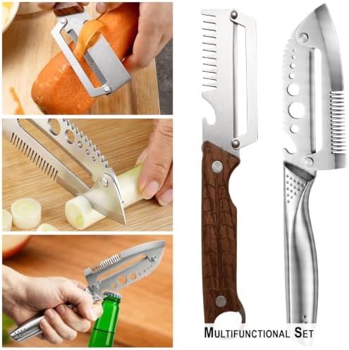 7 in 1 All Stainless Steel Multi Functional Vegetable Peeler for Kitchen, Smooth Potato Peeler with Herb Stripper, Scallion Shredder, Fish Scaler, Bottle Opner
