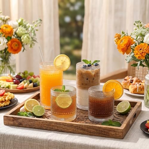 Vintage Hobnail Drinking Glasses Set of 8, Clear 16 oz Highball Glasses & 12 oz Cocktail Glasses Set, Kitchen Drinkware Glassware,Embossed Water Tumbler for Beer, Juice, Whiskey, Milk
