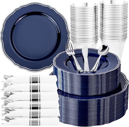 Hioasis 350 Pcs Blue Silver Plastic Plates Wedding & Party