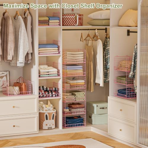 4-Tier Closet Organizers and Storage, Stackable Closet Organizer Basket, Foldable Closet Shelf Organizer Basket, Stackable Storage Bins and Organizer Shelves for Home Closet Organizer System, Pink