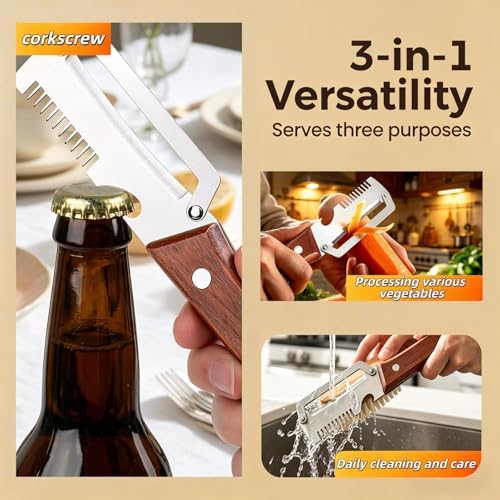 NEW Premium Vegetable Peeler with Wooden Handle and Bottle Opener: 3-in-1 Stainless Steel Kitchen Tool for Fruit Apple Potato Pumpkin Papaya (1 PCS 3-in-1)