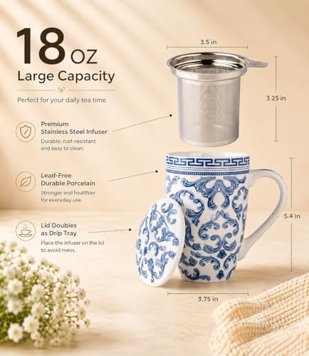 AmorArc Tea Cup With Infuser and Lid, 18oz Loose Leaf Tea Mug With Steeper