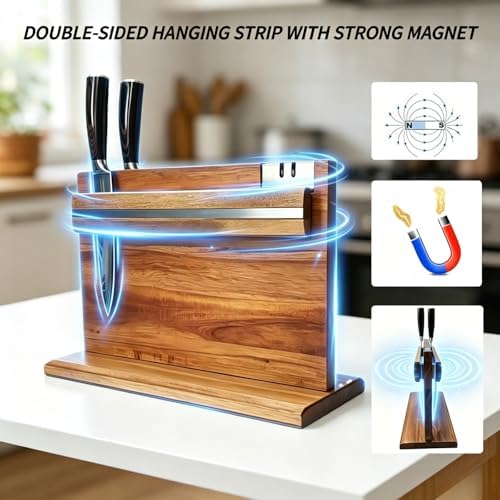 Solid Acacia Wood Magnetic Knife Holder with Stainless Steel Sharpener, Double-Sided Knife Display Stand for Stylish Kitchens, Cooking Enthusiasts and Gifts