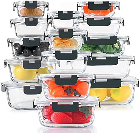 KOMUEE 30 Pieces Glass Food Storage Containers Set with Lids, Gray