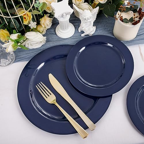 FLOWERCAT 100PCS Blue Plastic Plates - Heavy Duty Blue Disposable Plates for Memorial/Birthday Party/Graducation - Include 50PCS 10.25inch Dinner and 50PCS 7.5inch Dessert/Salad Plates for 50 Guests