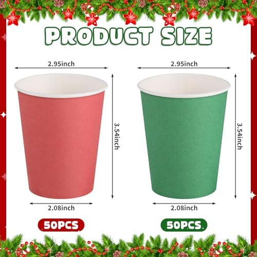 NatNarr 100 Pack Red Green Paper Cups, 9oz Christmas Party Cups Bulk Paper Cups, Disposable Drinking Cups for Birthday Holiday Christmas Party Supplies, 2 Colors