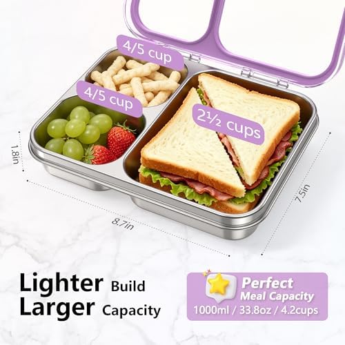 HOMEKOL Stainless Steel Bento Lunch Box 3-Compartment, 4.2Cups, Purple