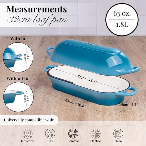 Enamelled Cast Iron Bread Loaf Pot – Dutch Oven For Sourdough Bread Baking – Oven Safe Non Stick Bread Pot – Rectangular, Light Blue, 34cm x 16cm – by Nuovva