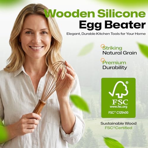 AIUHI Silicone Whisk with Wood Handle, 11.2" Balloon Egg Beater, Lightweight Kitchen Whisk for Blending Batter, Cream & Sauces