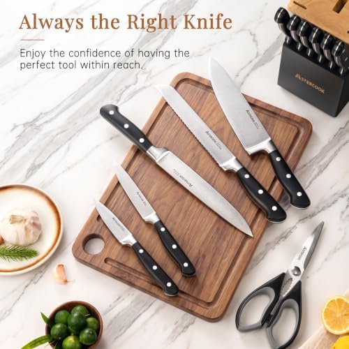 Astercook Kitchen Knife Set Full Tang with Block and Sharpener Elegant