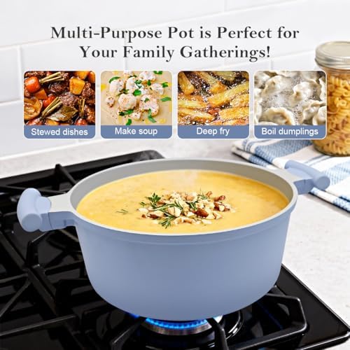 AIKENBBKK 7 Quart Lightweight Dutch Oven Pot with Lid, Ceramic Cooking Pot Nonstick, Aluminum Cookware for Stews Braising and Frying, Induction Pot for All Stoves, Stay-Cool Handle, PFOA Free, Blue