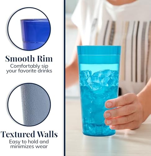 US Acrylic Cafe Plastic Reusable Tumblers (Set of 16) 20-ounce Water Cups Coastal Colors | Restaurant Style Drinking Glasses Value Set, Stackable, BPA-free, Made in the USA | Top-rack Dishwasher Safe